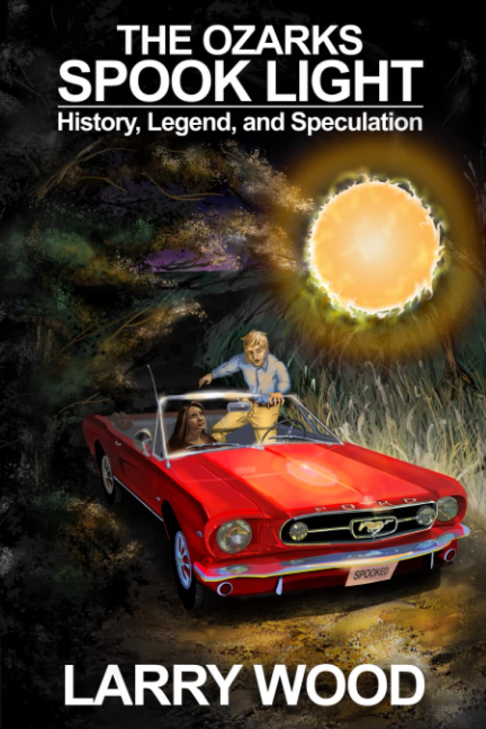 book cover for Ozarks Spook Light, an illustration of people in a red car