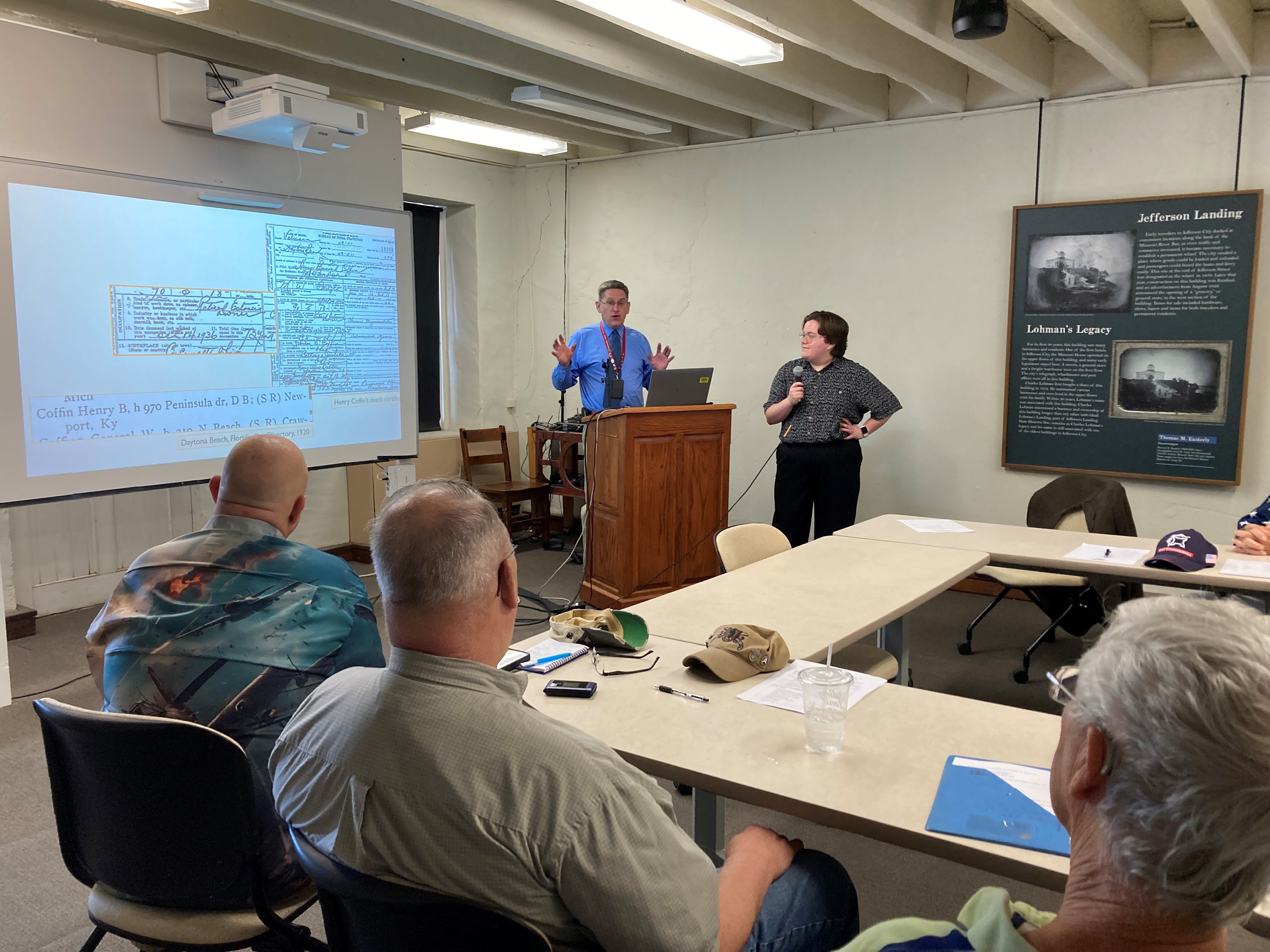 Missouri State Archives employees presented to a SUV meeting regarding the Civil War era map