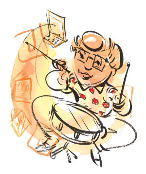 A drawn image of a kid wearing glasss playing the a snare drum.