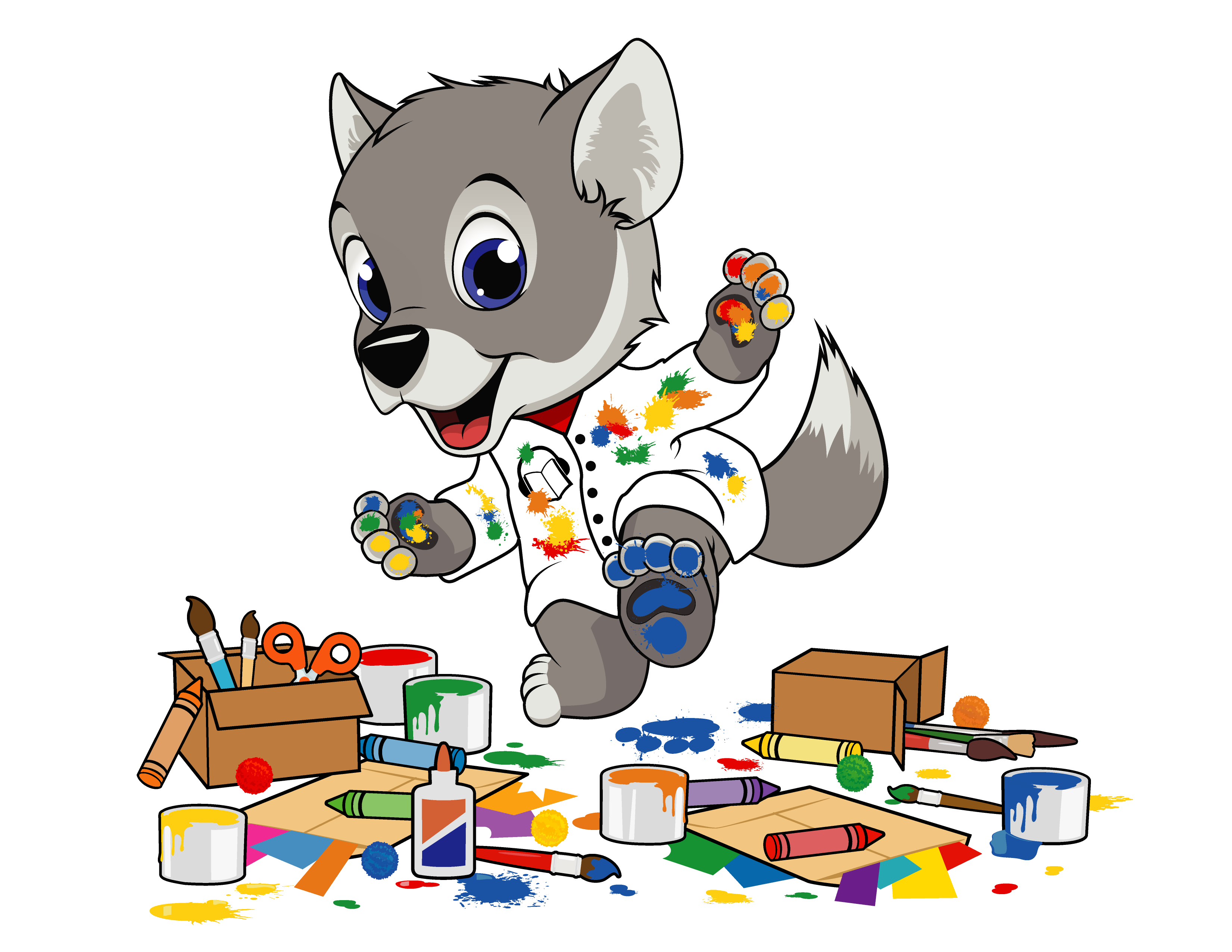 Wolfie dressed in a white smock, with paint on his paws and craft supplies covering over the floor and coming out of boxes and envelopes