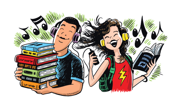 Two teens with books and headphones listening to music or audiobooks