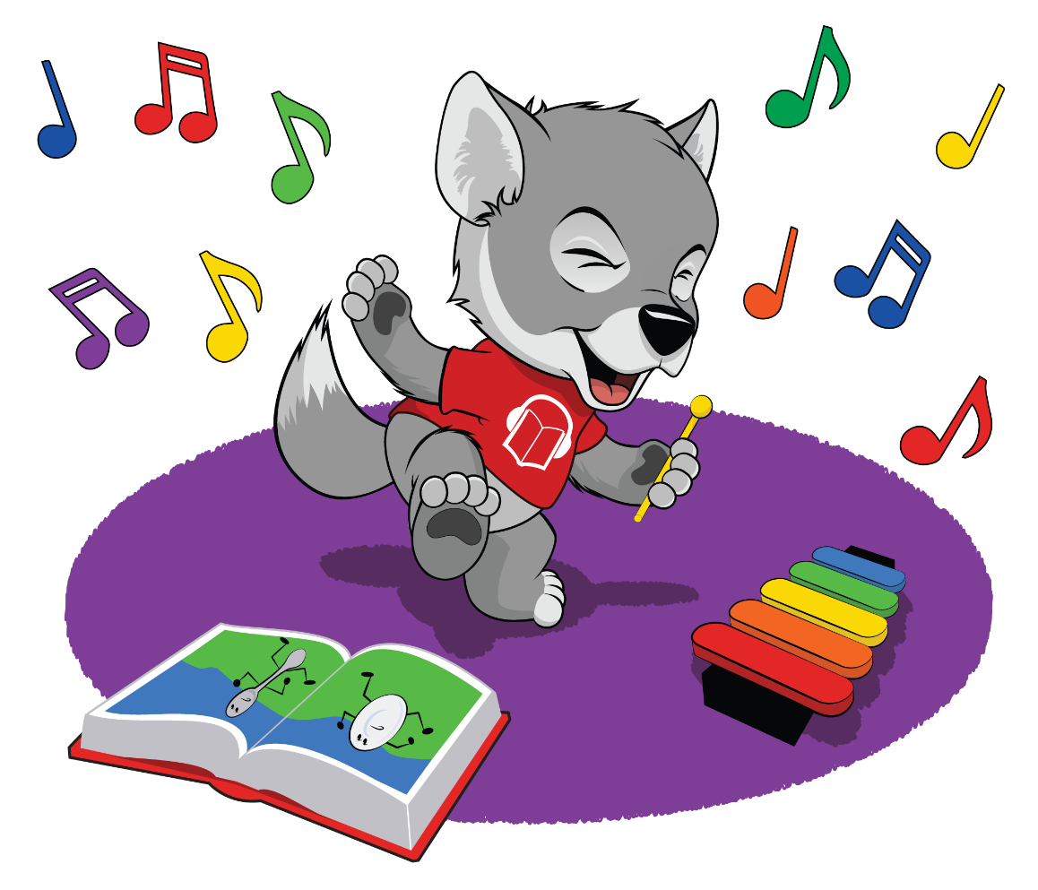 Cartoon wolf dancing and playing music