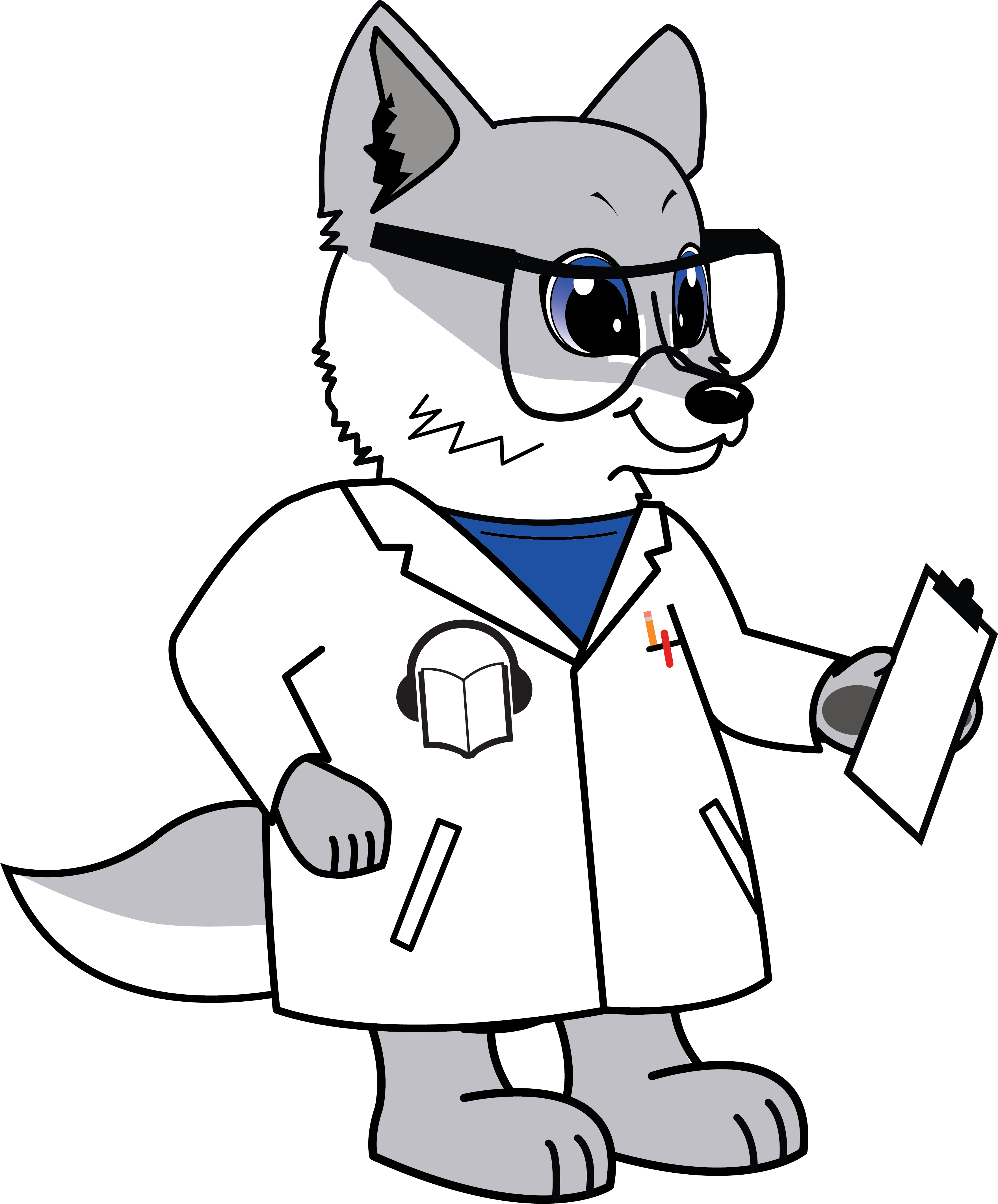 Wolfie in a lab coat and glasses, holding a clipboard