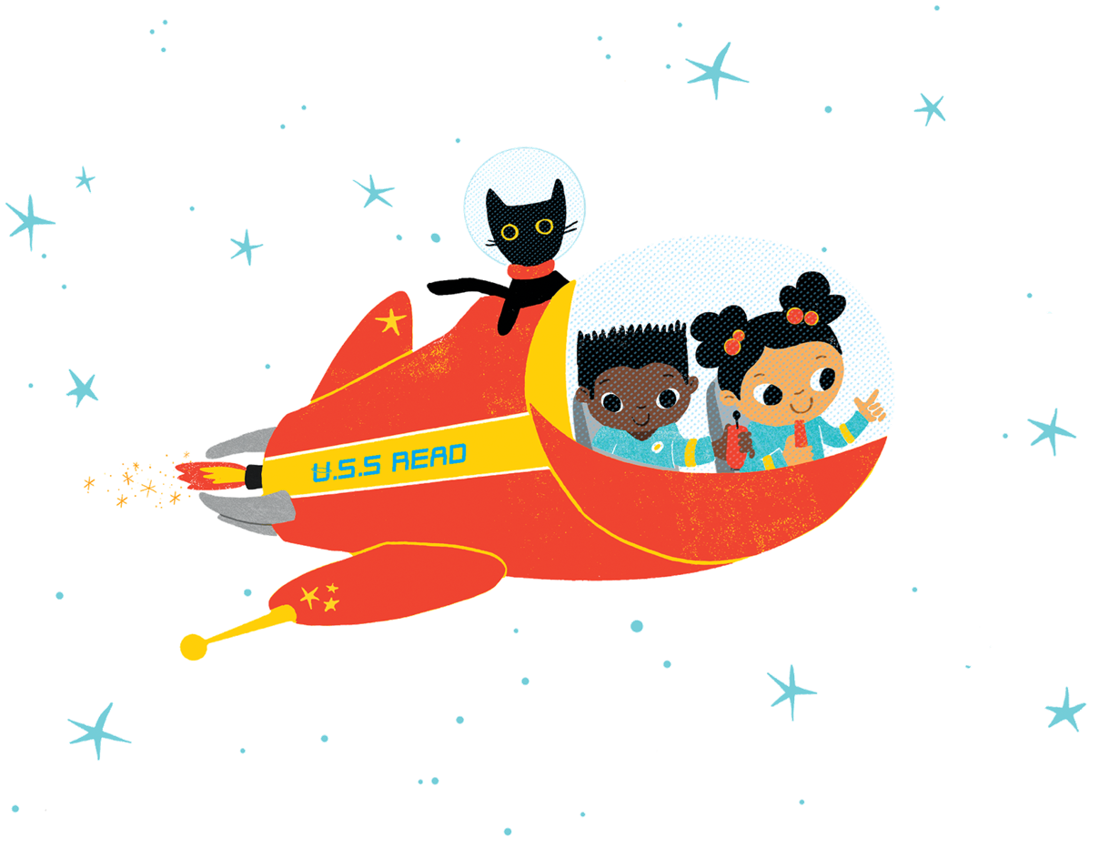 image of a space ship with a boy, a girl, and a black cat. Outside of ship reads U.S.S. READ