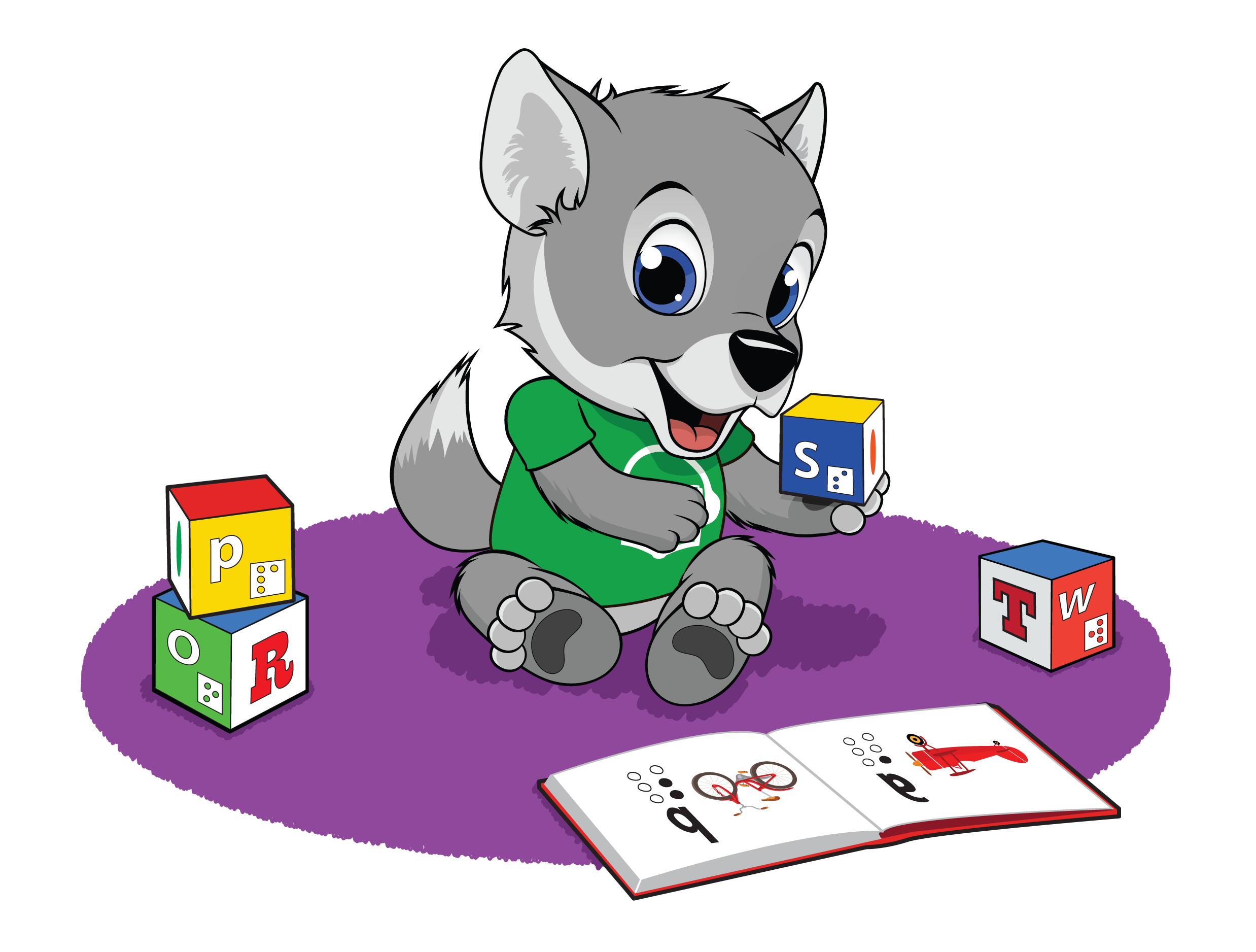 Wolfie holding a print/braille block with a print/braille book opened in front of him