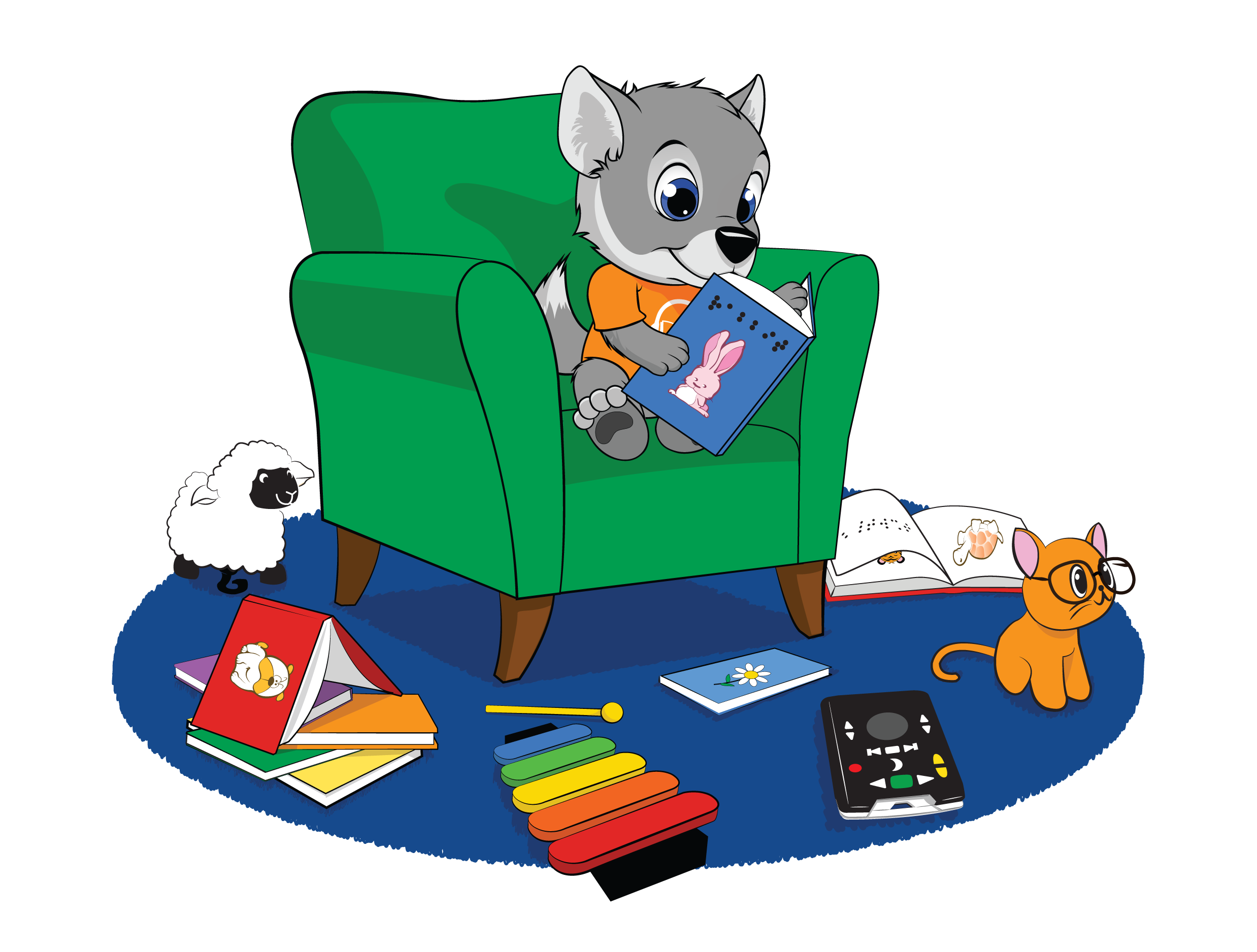 Wolfie sitting on a chair reading a book with books and toys all around him