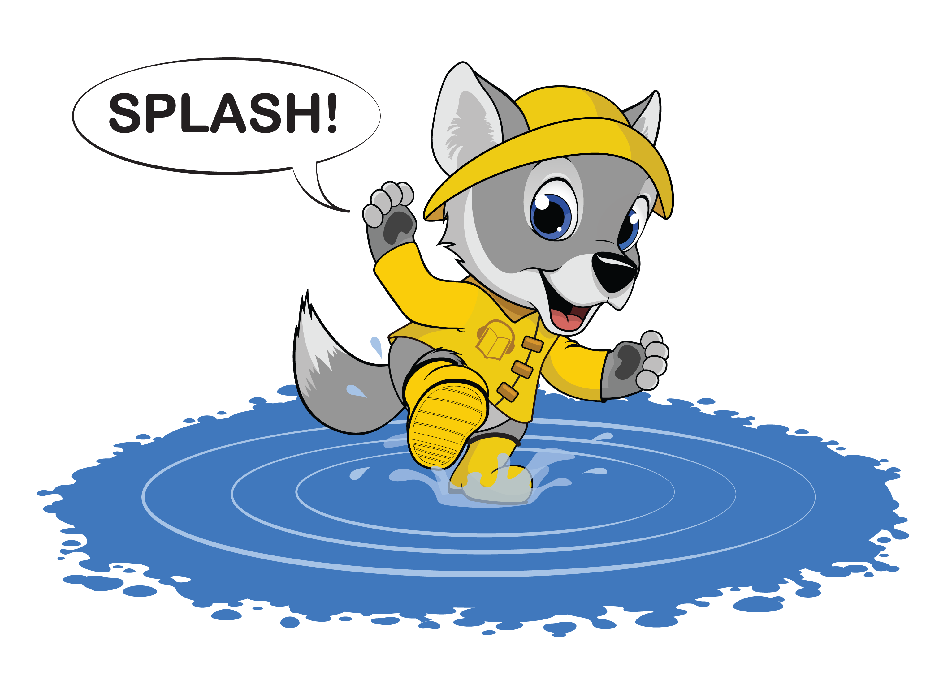 Wolfie Playing in a puddle saying 