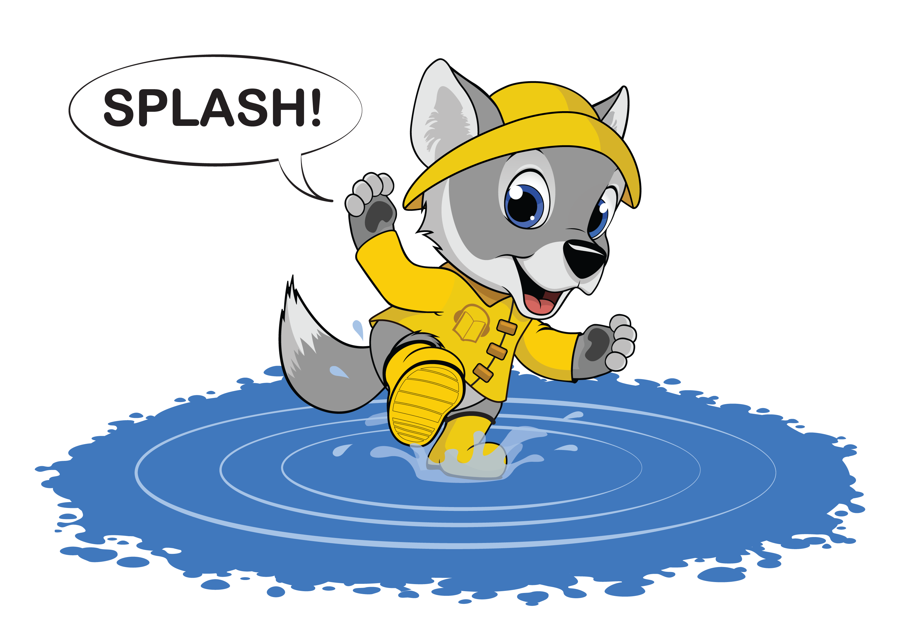 Cartoon wolf in raincoat and rain boots playing in a puddle and saying 