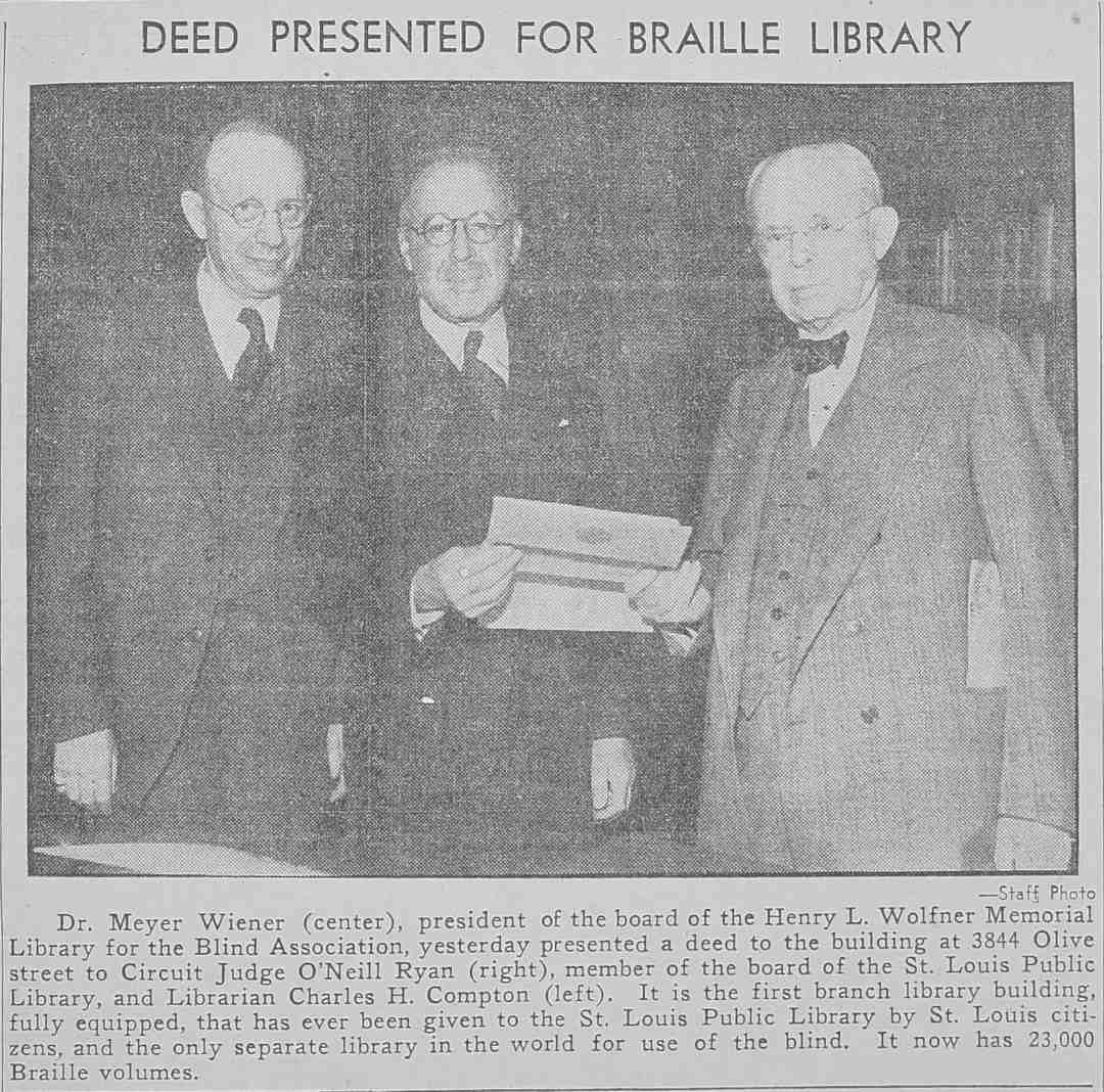 Dr Meye Wiener presenting the deed to Wolfner Library to O'Neill Ryan and Charles H. Compton.