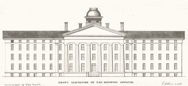 Front elevation, Missouri State Lunatic Asylum, Solomon Jenkins, Architect, 1849.